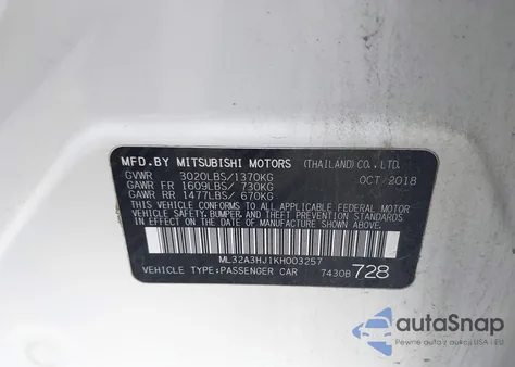 2019 Mitsubishi Mirage Es из США, поврежденный, VIN ML32A3HJ1KH003257